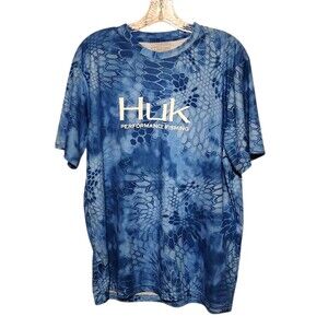 Huk Performance Fishing Shirt Short Sleeves Blue Kryptek Print Mens Size Large
